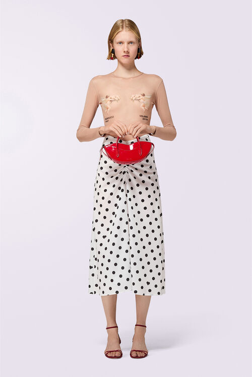 Polka Dot Gathered Midi Skirt White